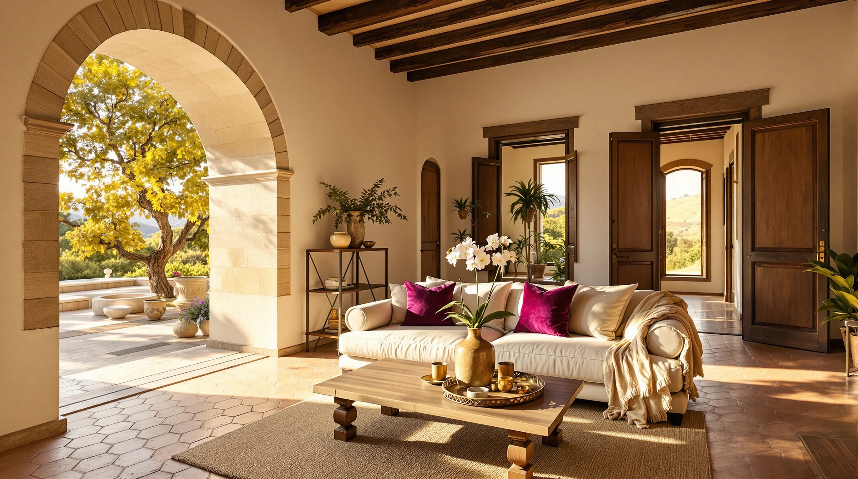 The same room, fully furnished and lived-in — sourced pieces, warm atmosphere.
