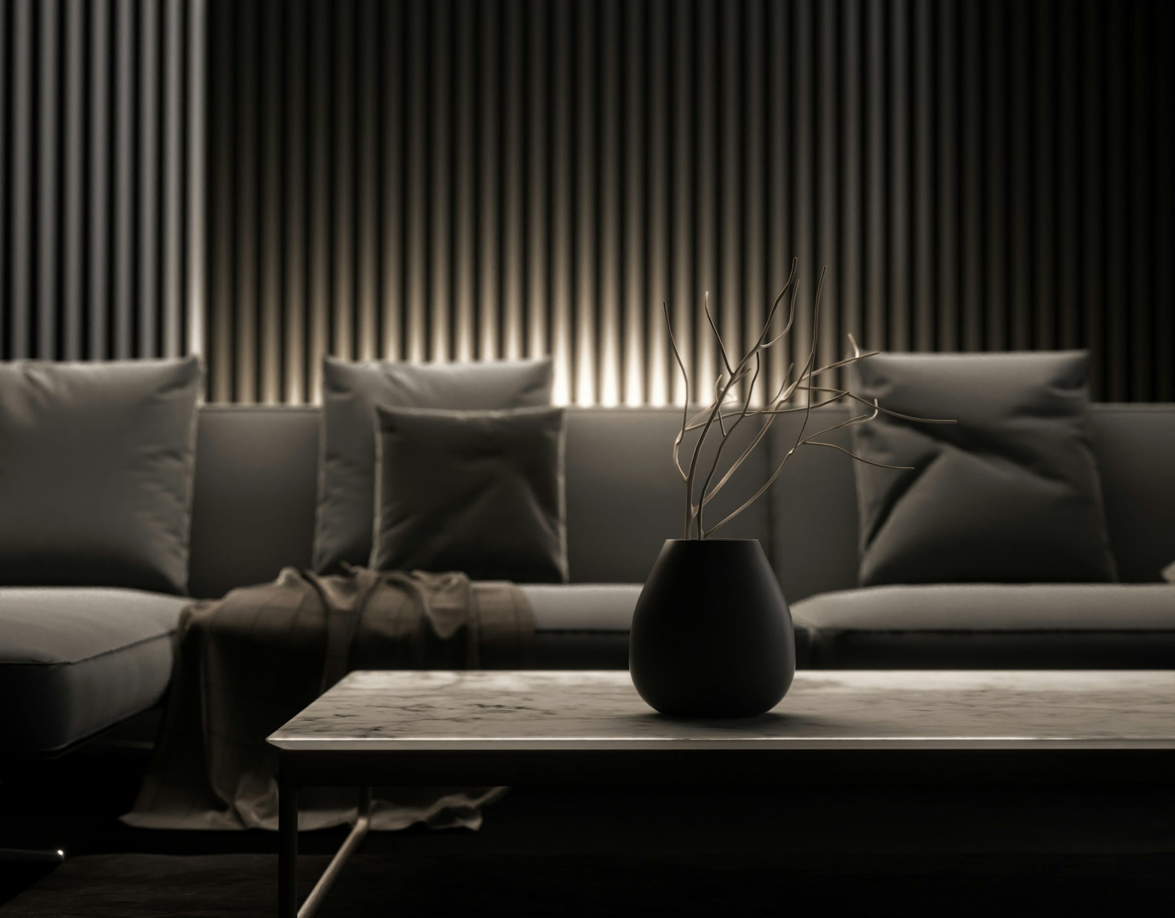 A living room delivered. The contract was signed once. The work runs on a single rail.