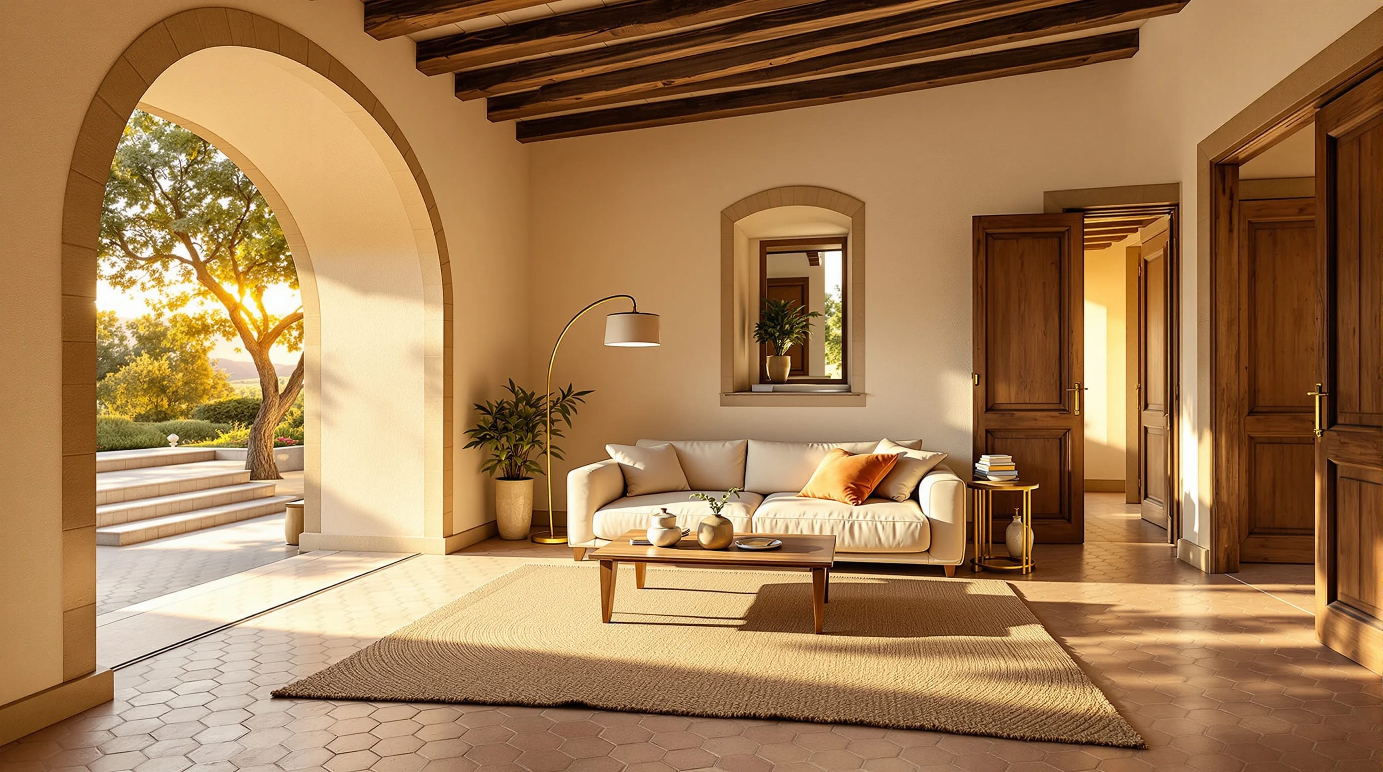 A finished living room under cool window light. The room is settled. The designer's name is on the invoice.