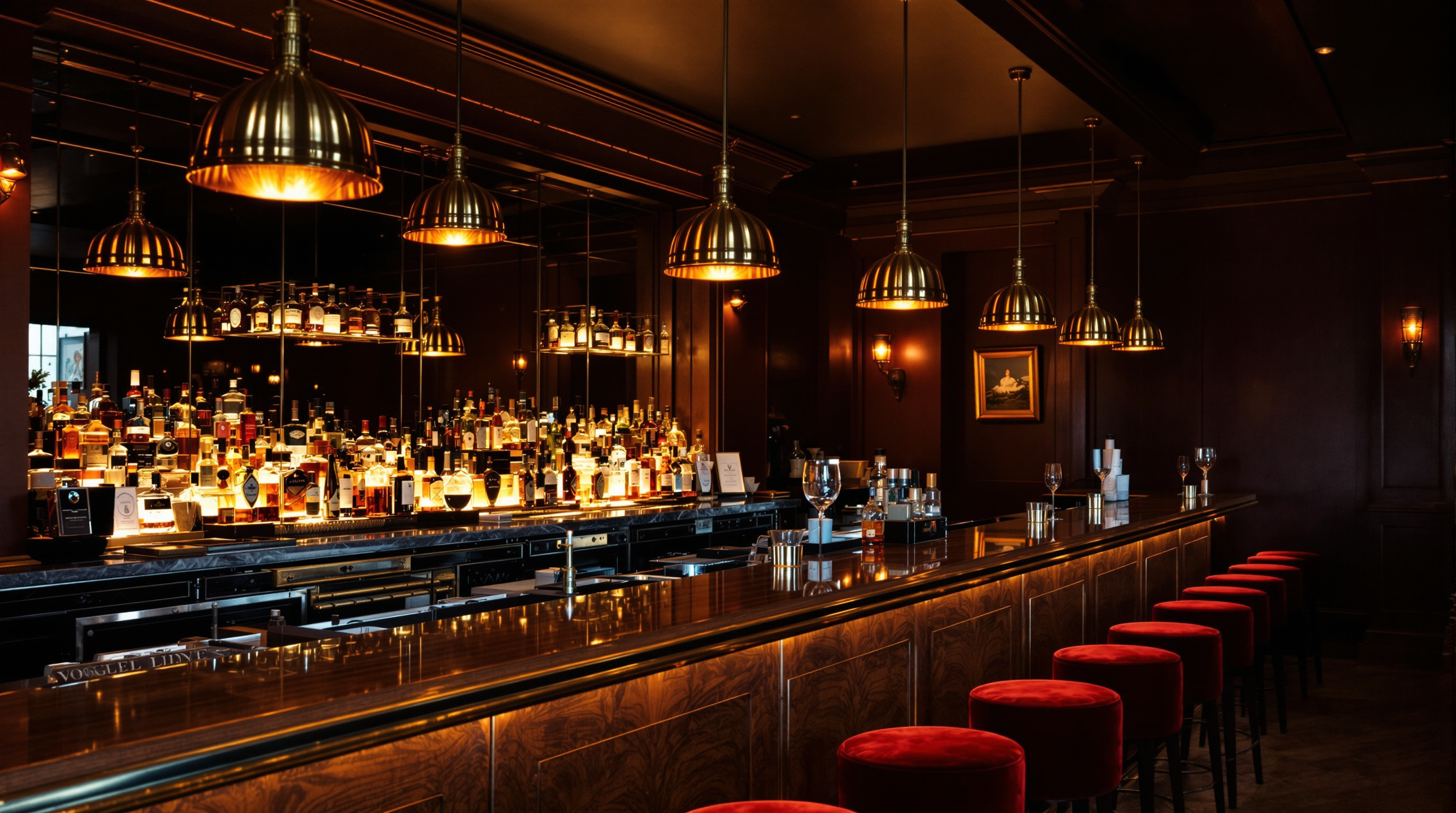 Restaurant cocktail bar — dark timber joinery, pendant lighting