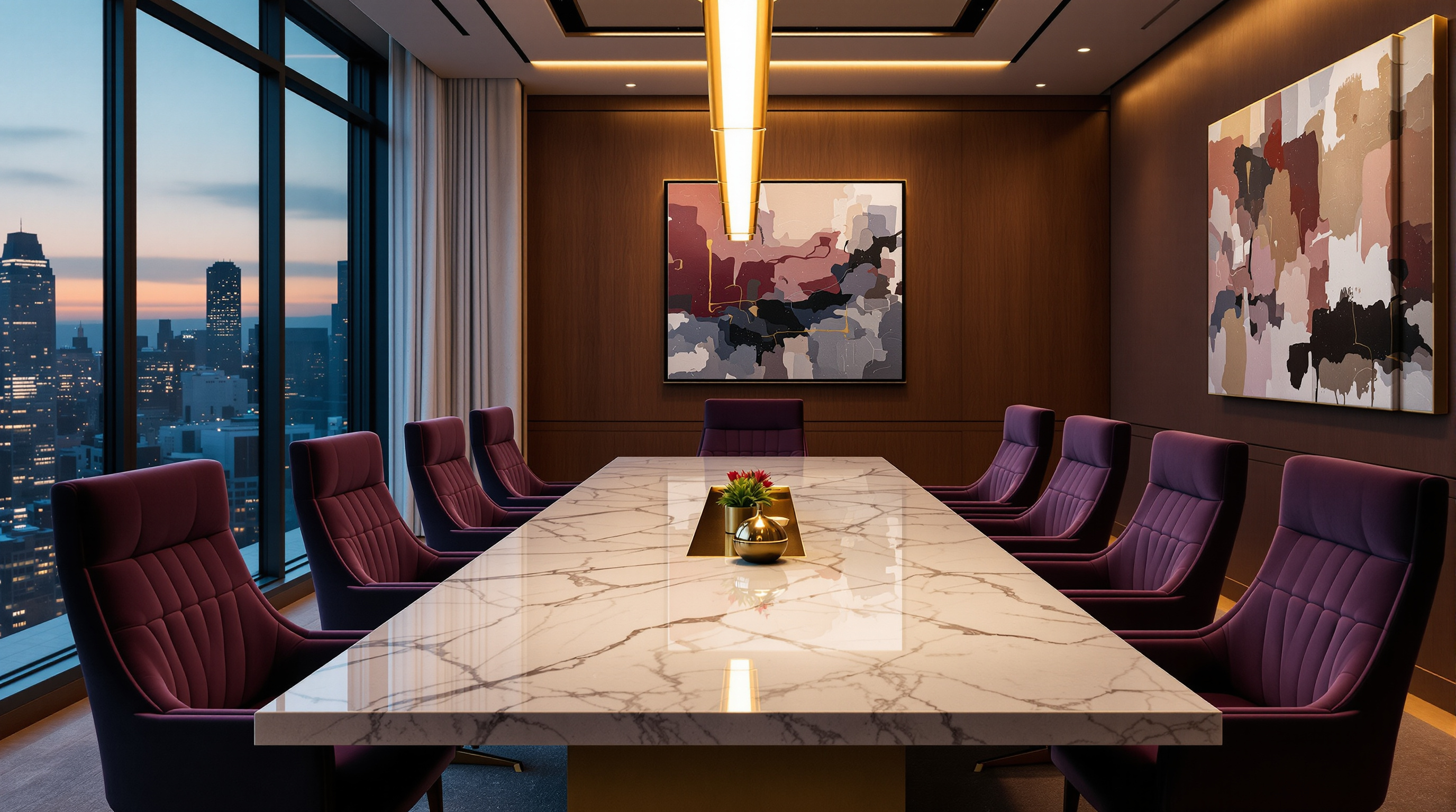 Modern conference room — long table, mid-century chairs, side window light