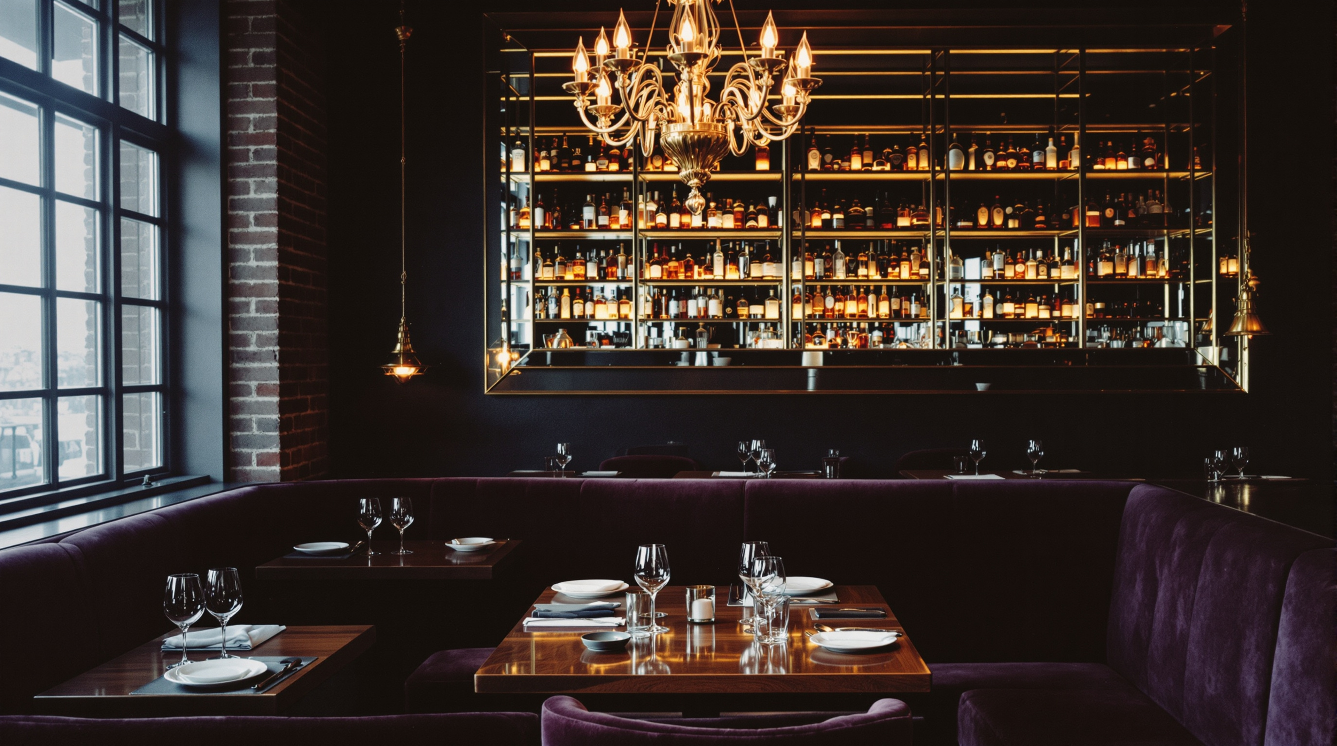 Restaurant dining room — upholstered chairs, pendant lighting, afternoon light