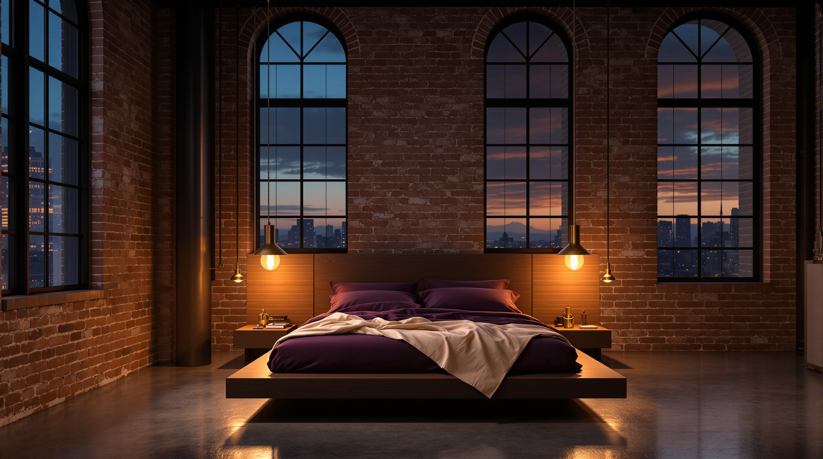 A loft bedroom with linen bedding and a single floor lamp