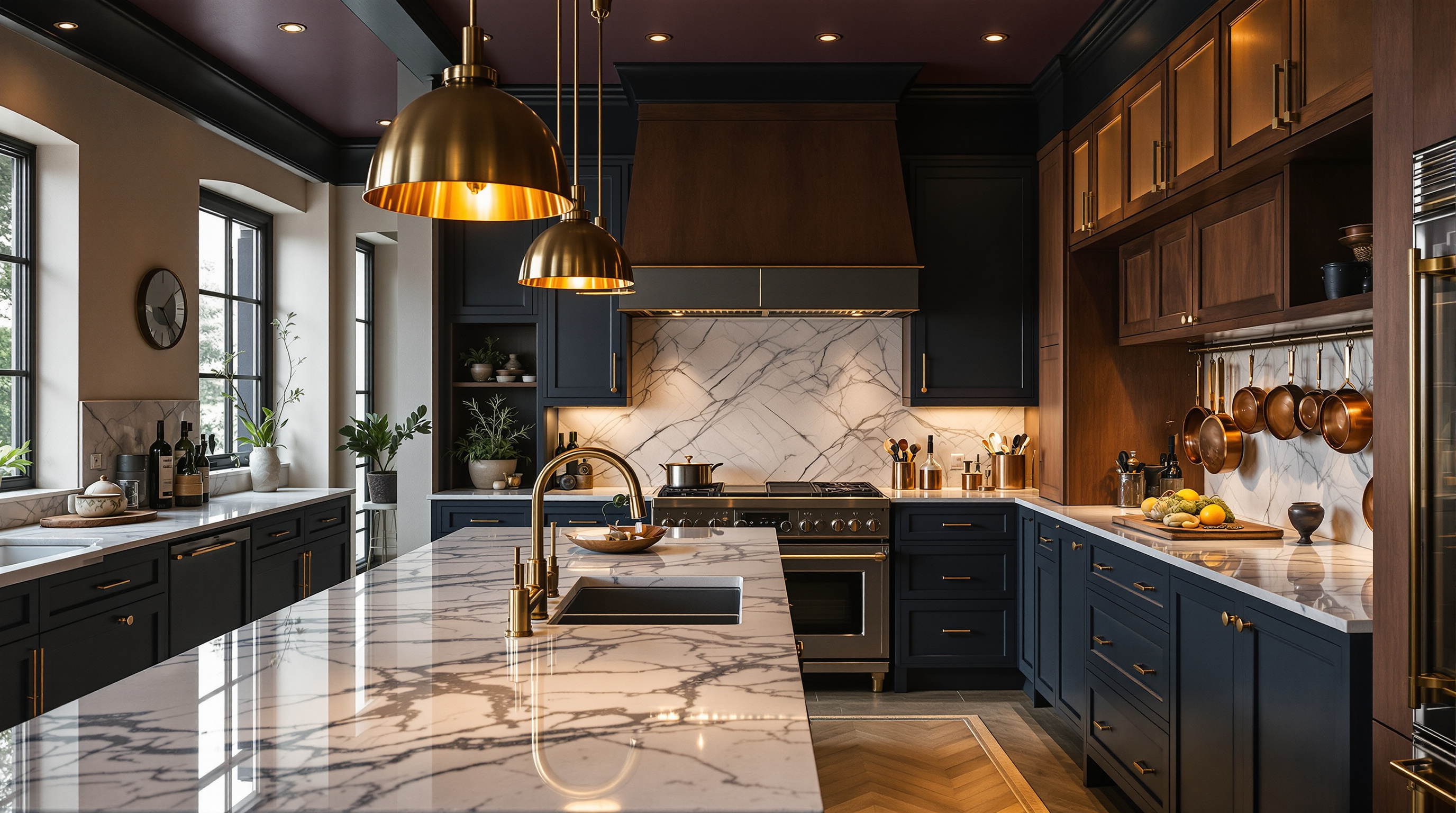 A marble kitchen with walnut cabinetry and brass fixtures at dusk