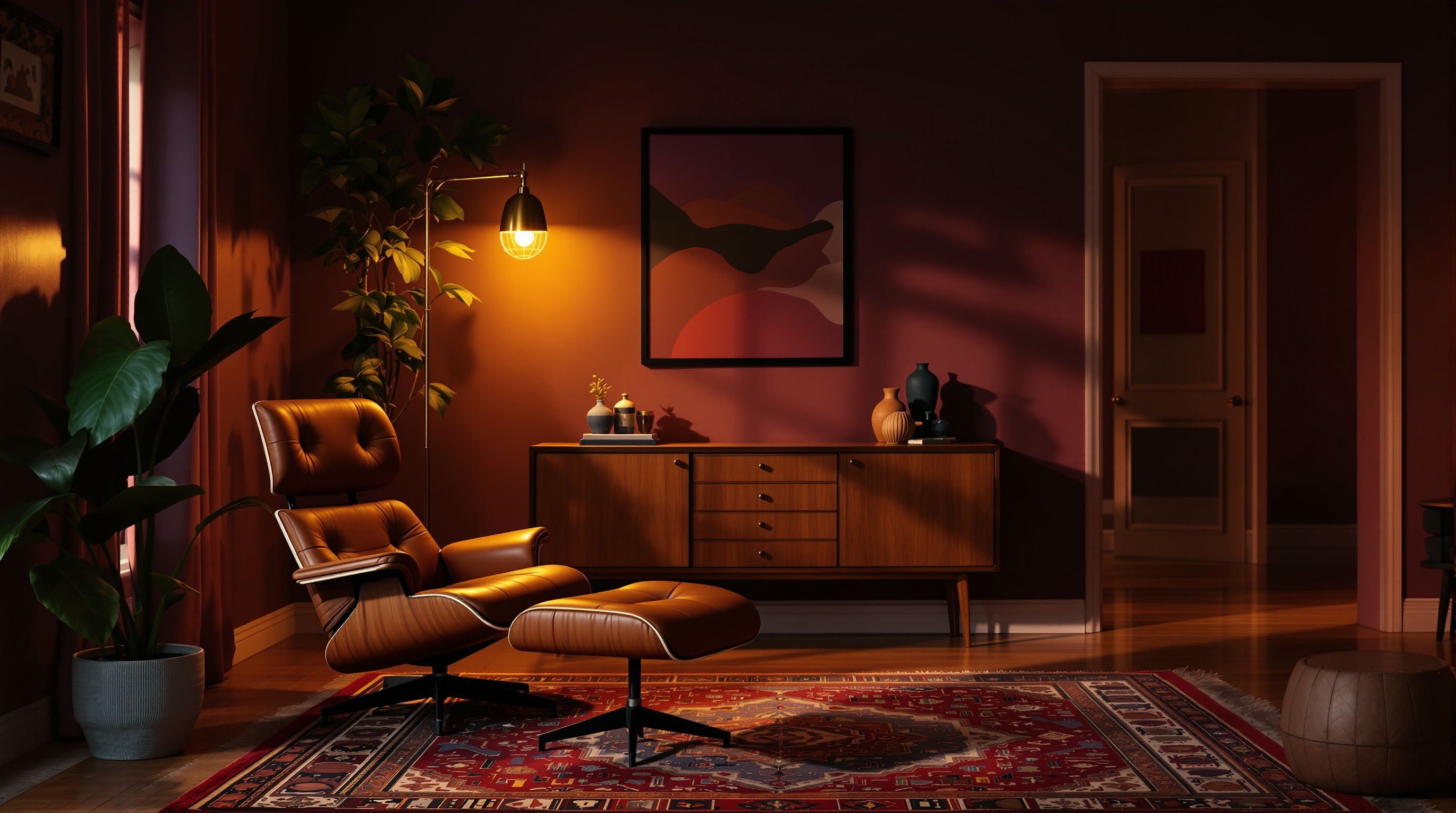 A warm living room at evening with pooled lamp light and oak tones