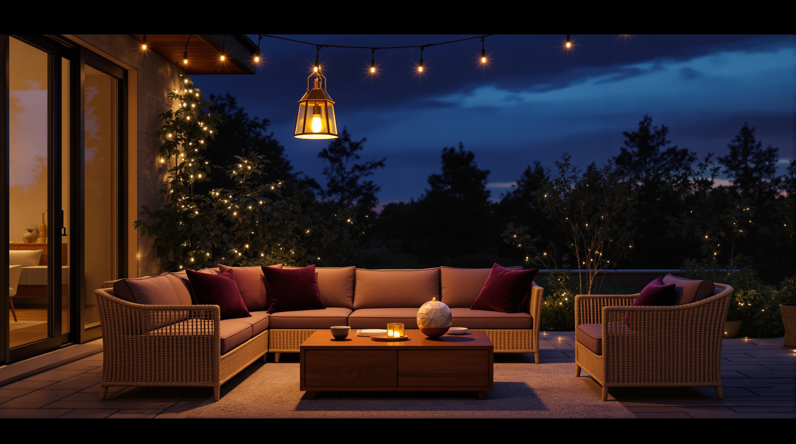 An outdoor patio at sunset with linen-cushioned seating