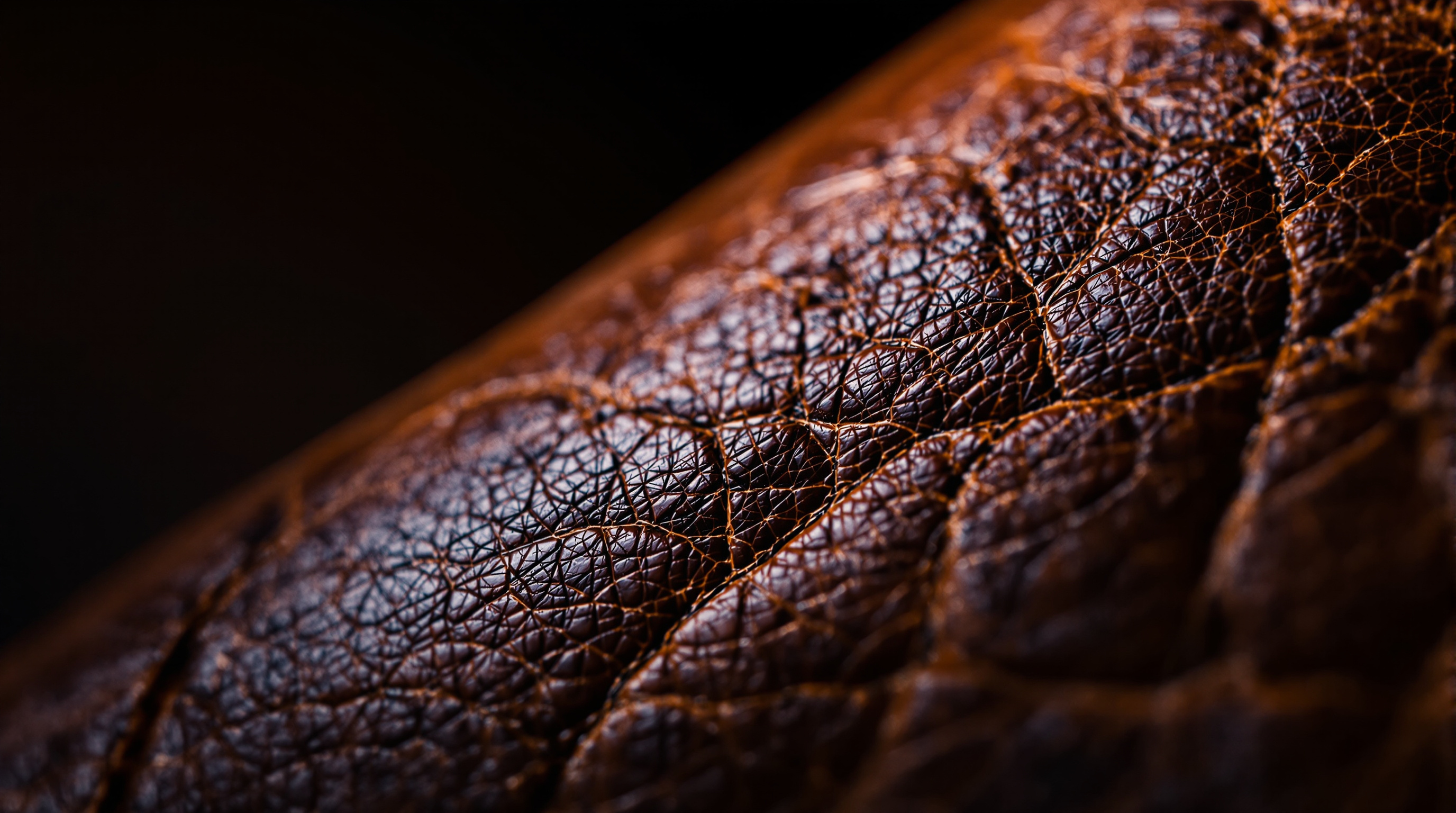 Close-up of full-grain leather showing patina along the wear line